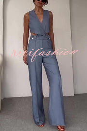 Crossover Slim Fit Sleeveless Vest and High Waisted Wide Leg Pants Set