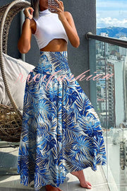 Unique Printed Pleated Elastic Waist Holiday Casual Maxi Skirt