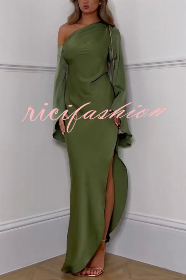 Zayla Satin Asymmetrical One Shoulder Bell Sleeve Slit Maxi Dress