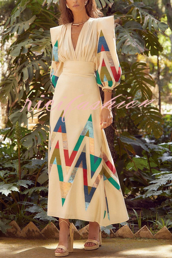 Highest Elegance Colorful Triangle Print Padded Shoulder Blouse and High Rise Maxi Skirt Set