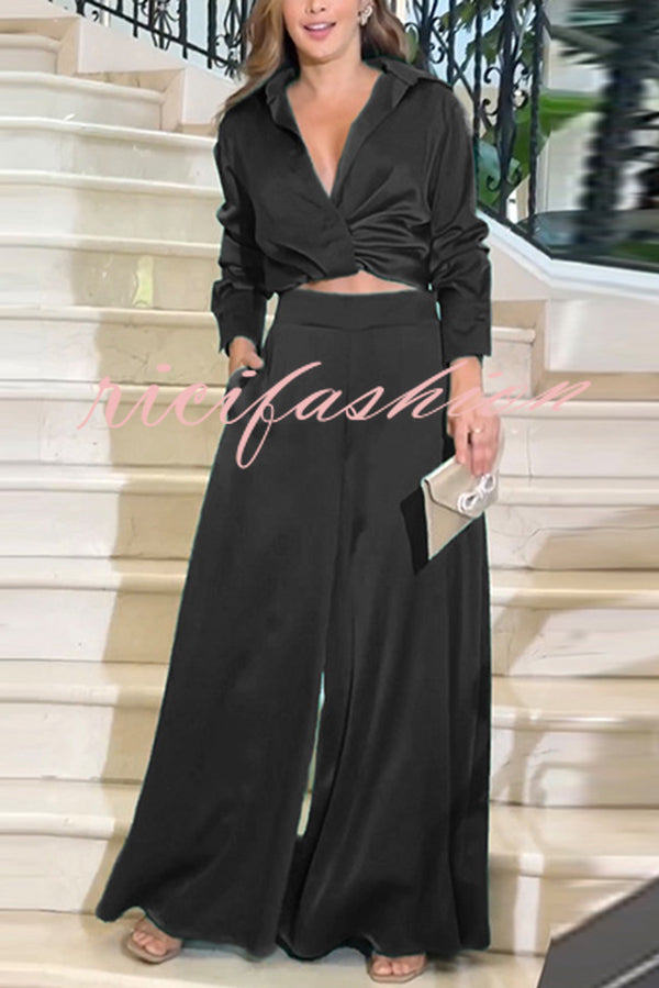 Satin Solid Color Lapel Long Sleeve Blouse and Loose-fitting Pocket Wide Leg Pants Set