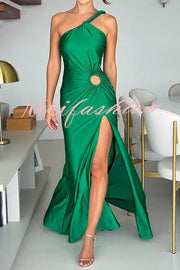 Ermia Satin Twist Ruched One Shoulder Cutout Detail Slit Maxi Dress