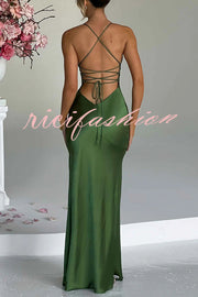 Satin Solid Color Sexy Backless Lace Up High Slit Maxi Dress