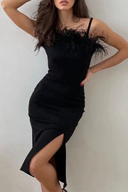 Find The Spotlight Feather Trim High Slit Party Dress