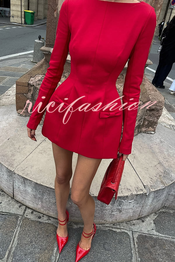 Budding Elegance Bow Detail Boat Neck Long Sleeve Mini Dress