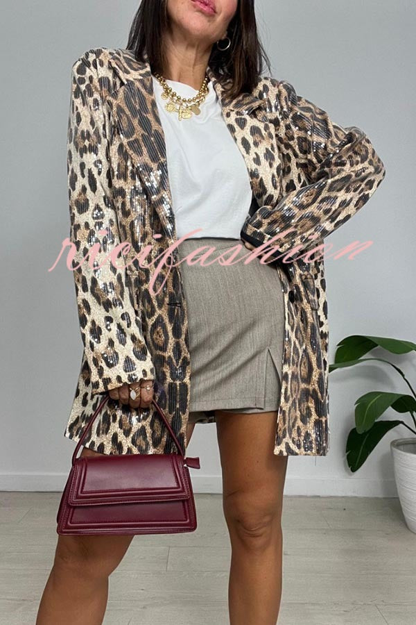 Ignite My Heart Sequin Leopard Print Lapel Oversized Blazer