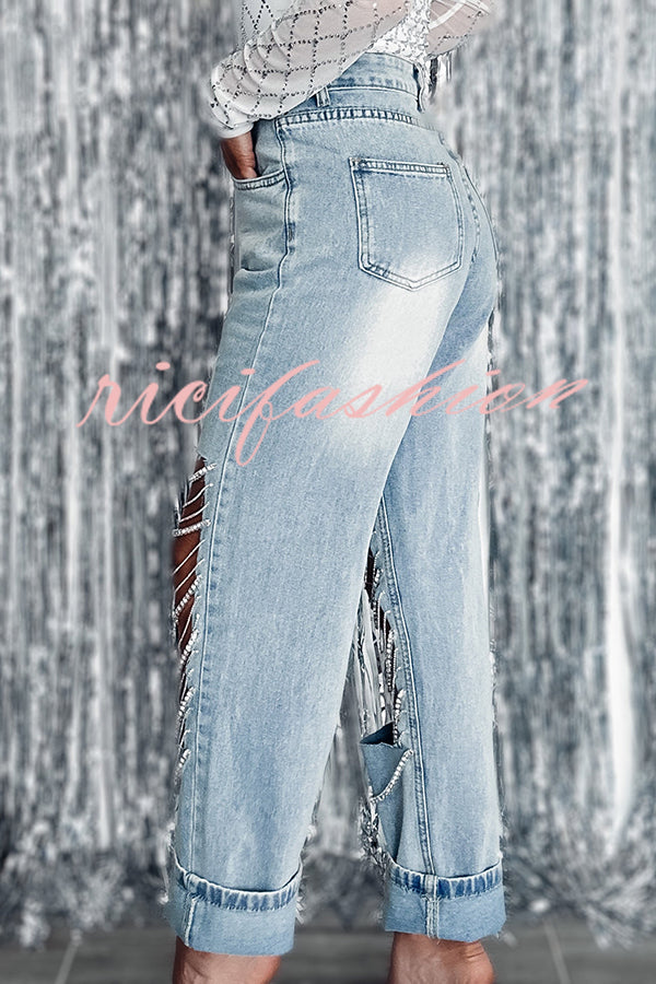 Casual Pocket Ripped Chain Embellished Straight Jeans