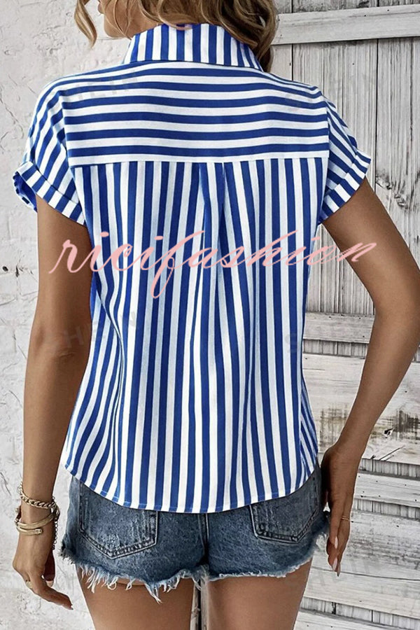 Striped Print Short Sleeve Pocket Shirt Top