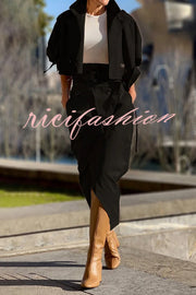 Work Style Lapel Long Sleeve Jacket and Button Belt Pocketed Slit Midi Skirt Set