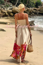 Hidden Garden Satin Floral Print Smocked Tie-up Shoulder Maxi Dress