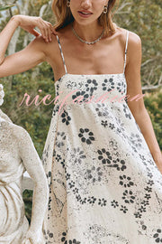 Linen Blend Floral Print Strappy Full-hem Backless Maxi Dress