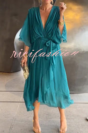 Solid Color V-neck Bat Sleeve Lace-up Irregular Hem Midi Dress