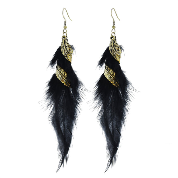 Vintage chain tassel bohemian feather earrings