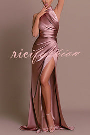 Satin Sexy Halter Neck Sleeveless High Slit Slim Maxi Dress