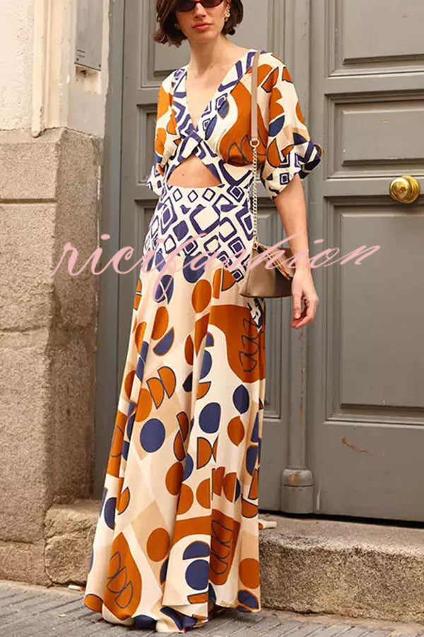 Alma Geometric Unique Print Cutout Waist Wide Sleeve Maxi Dress