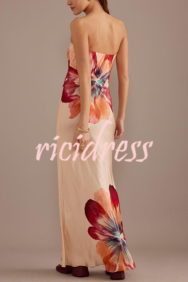 Charming Lady Satin Floral Print Bandeau Loose Maxi Dress