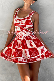 Holiday Colors Ric Rac Trims Unique Print Cutout Round Neck Mini Dress