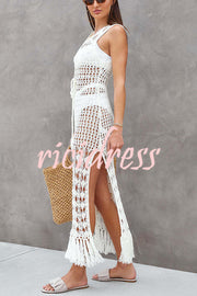 Sunset Cocktail Knit Crochet Tassel Trim Cover-up Maxi Dress