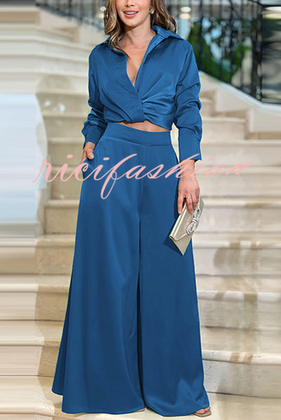 Satin Solid Color Lapel Long Sleeve Blouse and Loose-fitting Pocket Wide Leg Pants Set