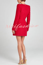 Girly and Glamorous Tweed Fabric Pearl Trim Long Slit Sleeve Pocketed Mini Dress