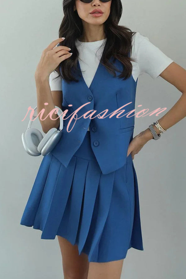 Solid Color Sleeveless Buttoned Vest and High-waisted Pleated Mini Skirt Set