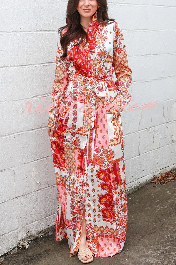 Bohemian Style Unique Printed Shirt Waist Tie Maxi Dress