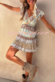 Surat Unique Color Block Print Ruffle Sleeve Elastic Waist Backless Mini Dress