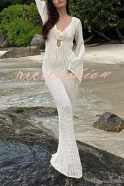 Bahamas Knit Long Bell Sleeve Sexy Backless Holiday Cover-up Maxi Dress