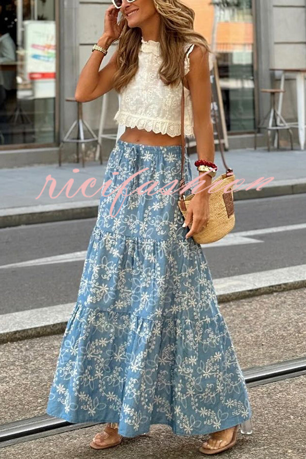 Floral Print Elastic Waist Loose Large Hem Skirt