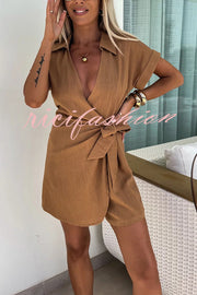 Relaxing Beach Linen Blend Solid Color Wrap Loose Shirt Romper