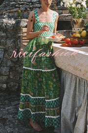 Yolanda Ric Rac Trims Unique Print Smocked Bust Back Lace-up Maxi Dress