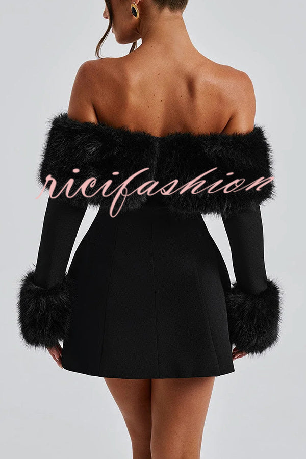 Cute and Luxe Faux Fur Trim Off Shoulder Bubble Shaped Mini Dress