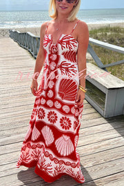 Beautiful Shell Unique Print Front Lace-up Loose  Maxi Dress