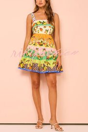 Sweet and Sour Summer Multicolor Lemon Print Pleated Hem Mini Dress