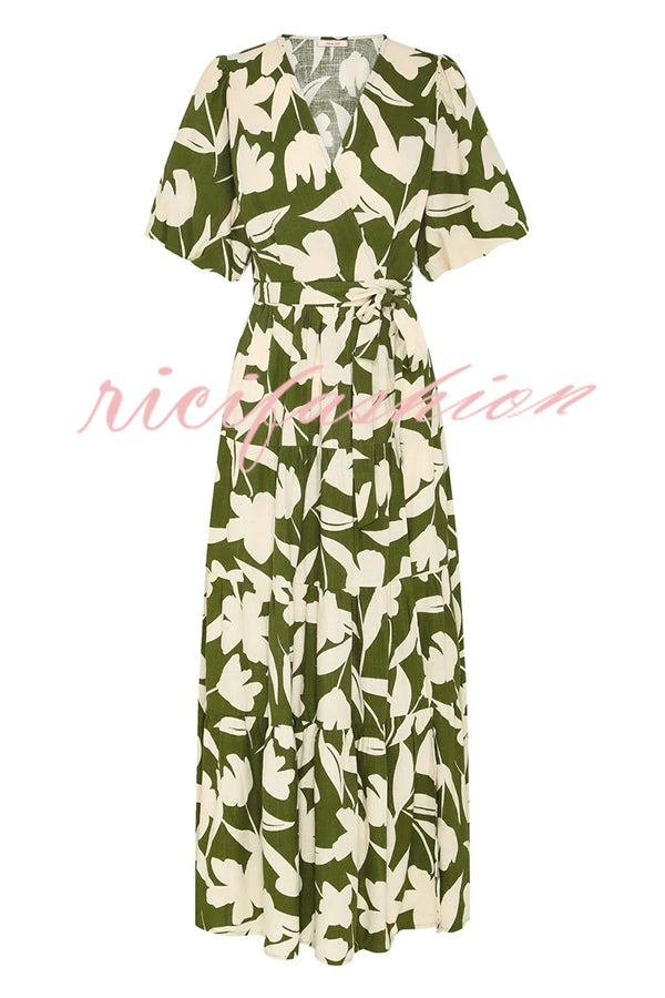 Unique Printed V-neck Puff Sleeves Tie Waist Midi Dress