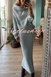 Luka Ribbed Knit Off Shoulder Long Sleeve Sweater and Stretch Maxi Skirt Set