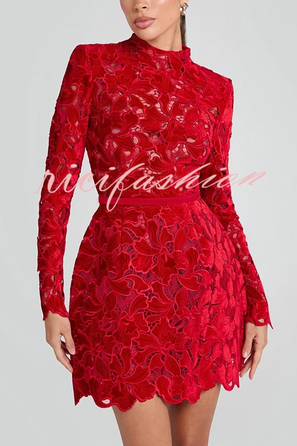 Lydia Embroidered Floral Lace Long Sleeve Belt Tulip Shaped Mini Dress