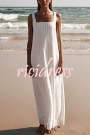 Simple and Stunning Linen Blend Pinstripe Detail Square Neck A-line Maxi Dress