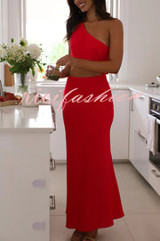 Solid Color Sexy One Shoulder Off Waist Maxi Dress