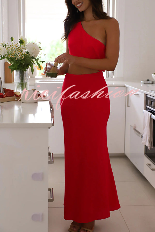 Solid Color Sexy One Shoulder Off Waist Maxi Dress