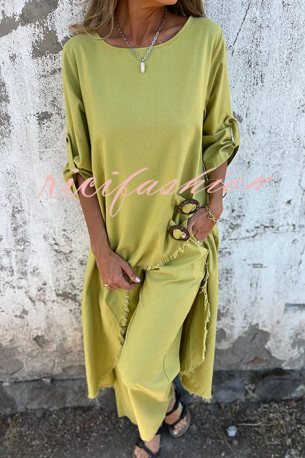 Jamilah Linen Blend Ring Detail Midi Blouse  and Elastic Waist Pocketed Loose Pants Set