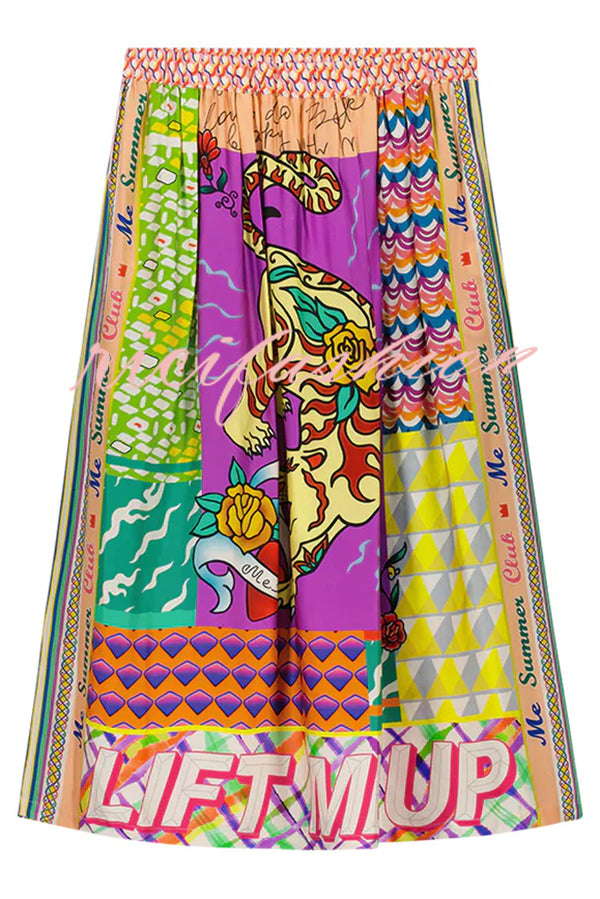 Boho Chic Satin Colorful Unique Print Elastic Waist Pocket Vacation Midi Skirt