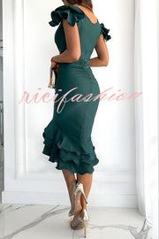 Gala Ready Tiered Ruffle Detail Ruched Formal Midi Dress