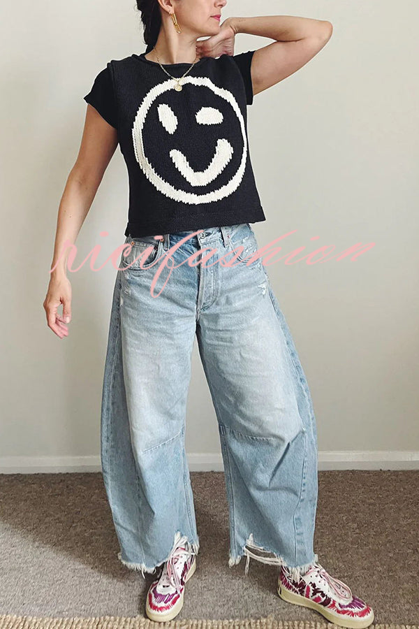 Always Happy Face Knit Unique Pattern Versatile Loose Tank Top