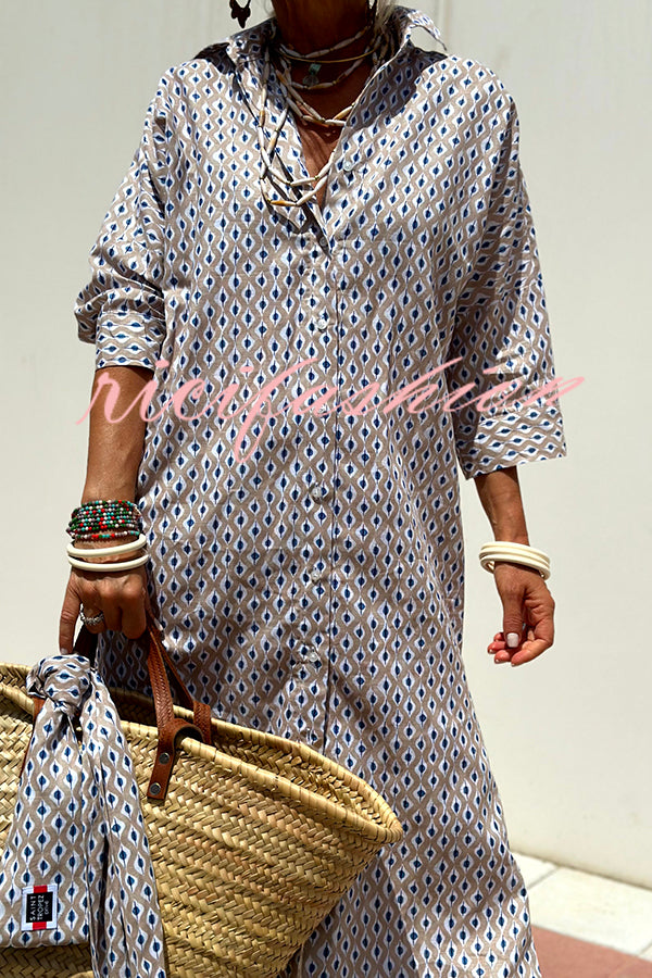 Summer Splendor Printed Button Half Sleeve Belt Loose Shirt Midi Dress