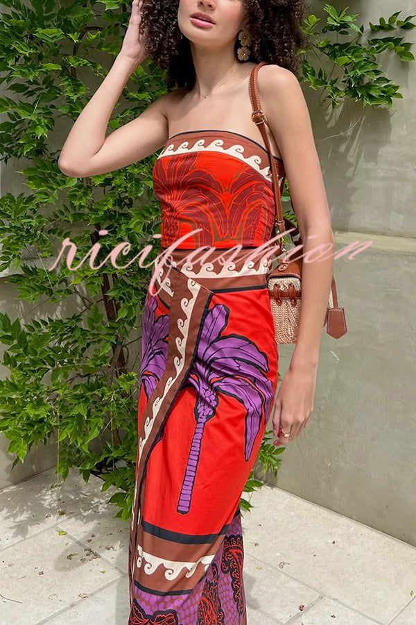 Botanical Floral Print Sexy Stretchy Tube Top High Waist Slit Maxi Dress