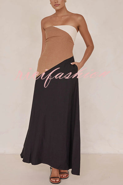 Calissa Asymmetrical Colour Block Strapless Pocketed A-line Maxi Dress