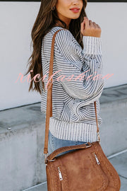 Knitted Striped Round Neck Dolman Sleeve Casual Loose Sweater