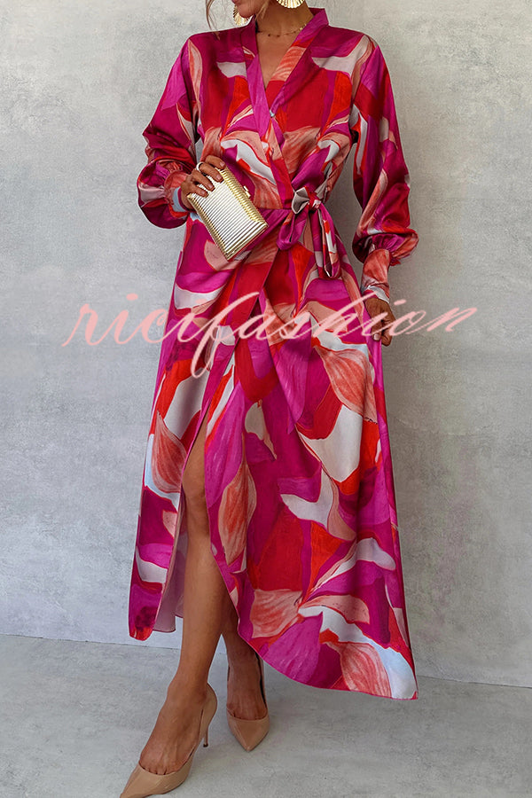 Unique Printed Long Sleeve V-neck Tie-up Waist Slit Maxi Dress