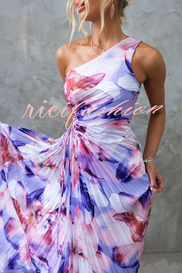 Laken Floral Print One Shoulder Adjustable Tie Cutout Pleated Maxi Dress